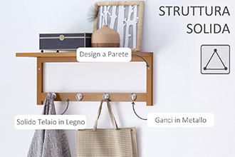 Mensola da Parete Legno e Metallo Design Moderno con Asta e Ganci Bagn